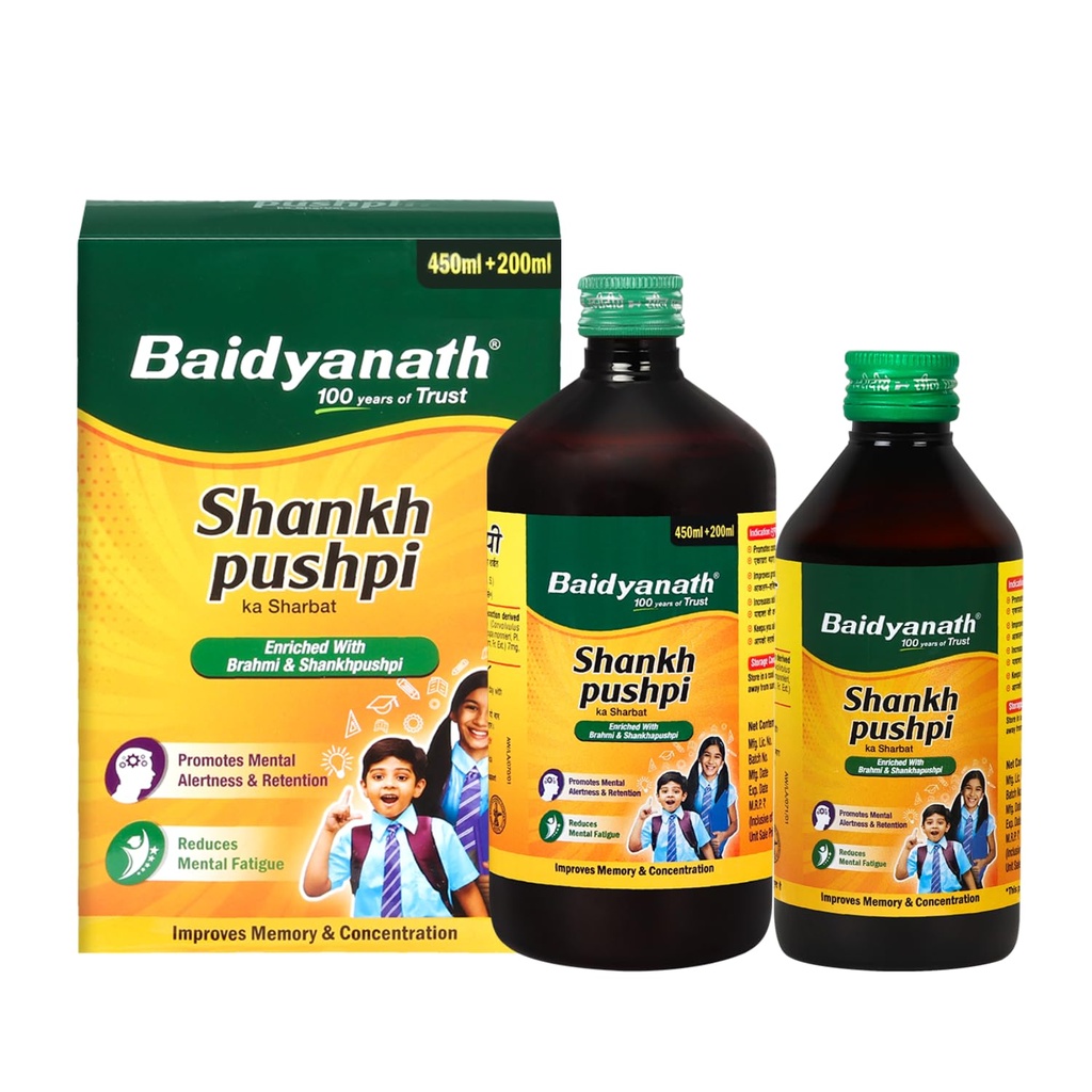 Baidyanath Shankhpushpi Syrup 450ml + 200ml | Memory Booster & Concentration Support | Brahmi Shankhpushpi Formula | Brain Tonic for Kids & Adults | Natural Botanical Ingredients