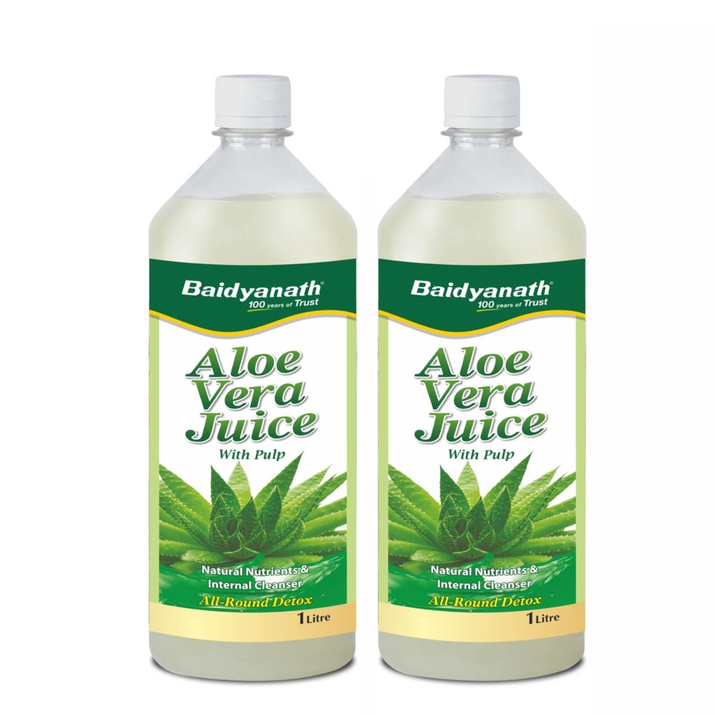 Baidyanath Pure Aloe Vera (with Pulp) (2L, 1L X 2) | No Added Sugar or Flavor | Source of Natural Nutrients, Boosts Immunity and Digestion