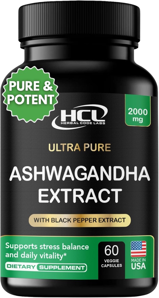 Organic Ashwagandha Capsules 2000 MG Root Powder Extract with Black Pepper & Lemon Balm 2 Month Supply - Natural Way to Relieve Stress