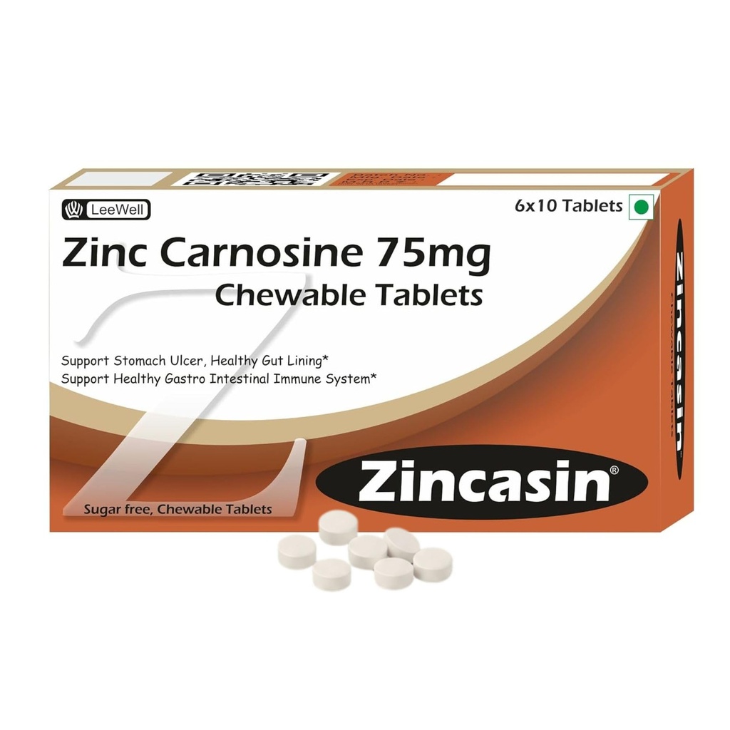 Zincasin (LeeWell) Chewable Zinc Carnosine | Leaky gut repair supplement | Strengthen Digestive system, stomach immunity, Taste buds function, Neurotransmitter Support | Healthy IBS, IBD, Gastric Ulcer Support - 60 sugar-free