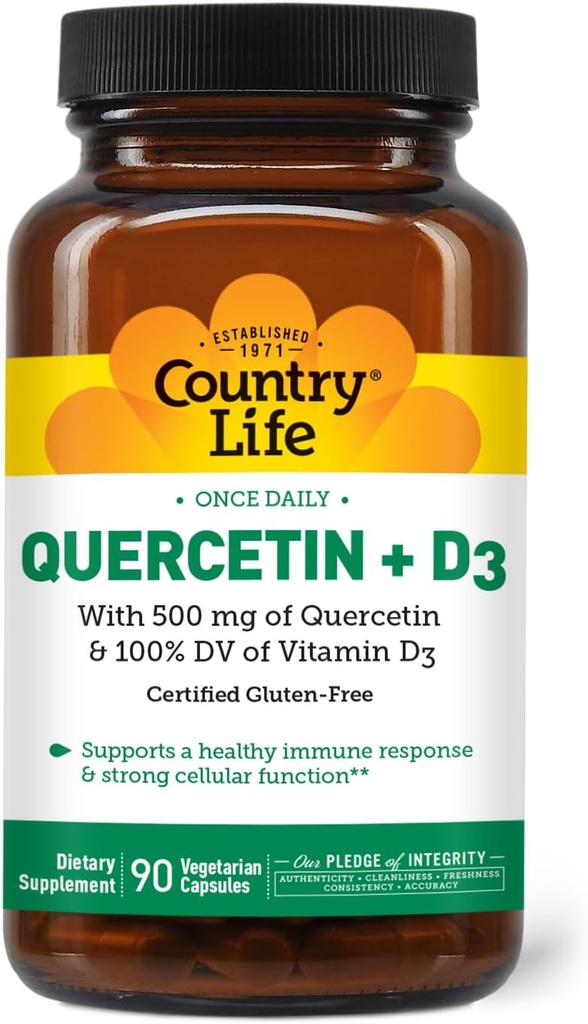 Country Life Quercetin 500mg Capsules with Vitamin D3 800 IU – Immune Support Supplement for Adults – Daily Immune Boosters – Quercetin Immune System Boost, 90 Capsules