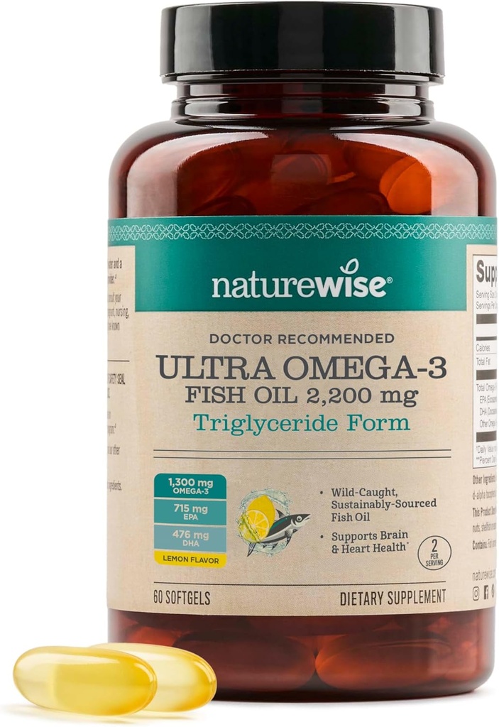 NatureWise Ultra Omega 3 Fish Oil 2200 mg - Triglyceride Form - Lemon Flavor - Wild-Caught Fish Oil + EPA & DHA - Supports Brain & Heart Health - Burpless, Non-GMO - 60 Softgels[1-Month Supply]