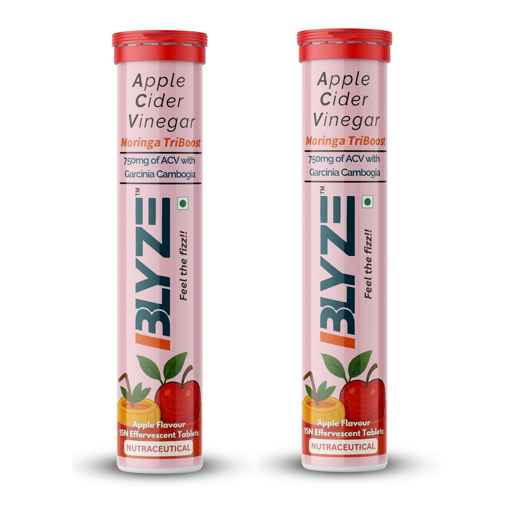 BLYZE ACV Moringa TriBoost, Apple Cider Vinegar 750mg with Moringa, Control Cravings and Weight Management, No Added Sugar, Effervescent Tablets, Apple Flavour, Pack of 2 (30 Tablets)