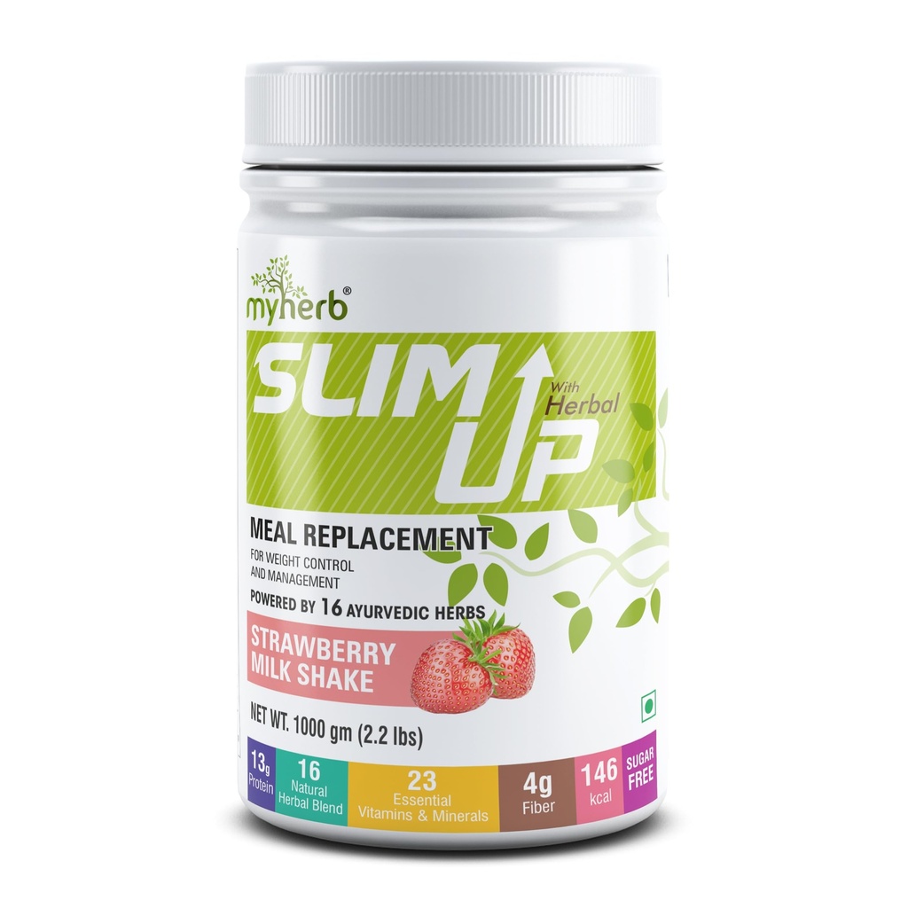 MYHERB Slim Up Meal Replacement Shake With 16 Natural Herbal Blend(Ayurvedic Formula) For Weight Control&Management-13.5g Protein-23 Vitamins Men&Women (Strawberry Milk Shake, 1 kg (Pack of 1))