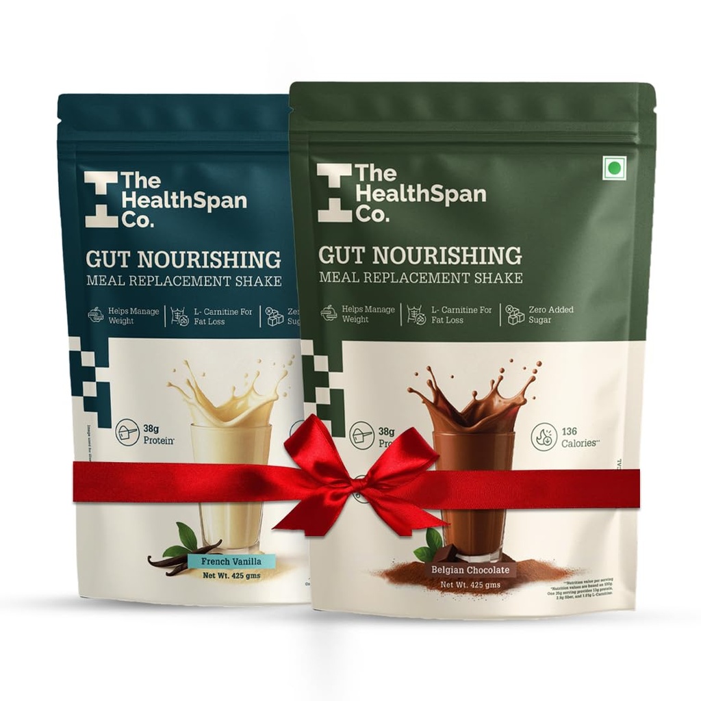 The Healthspan Co. High Protein Meal Replacement Shake Combo (Belgian Chocolate + French Vanilla) 425g Each | Only 136 Calories | Weight Control & Management | L-Carnitine for Fat Burn | High Fiber &