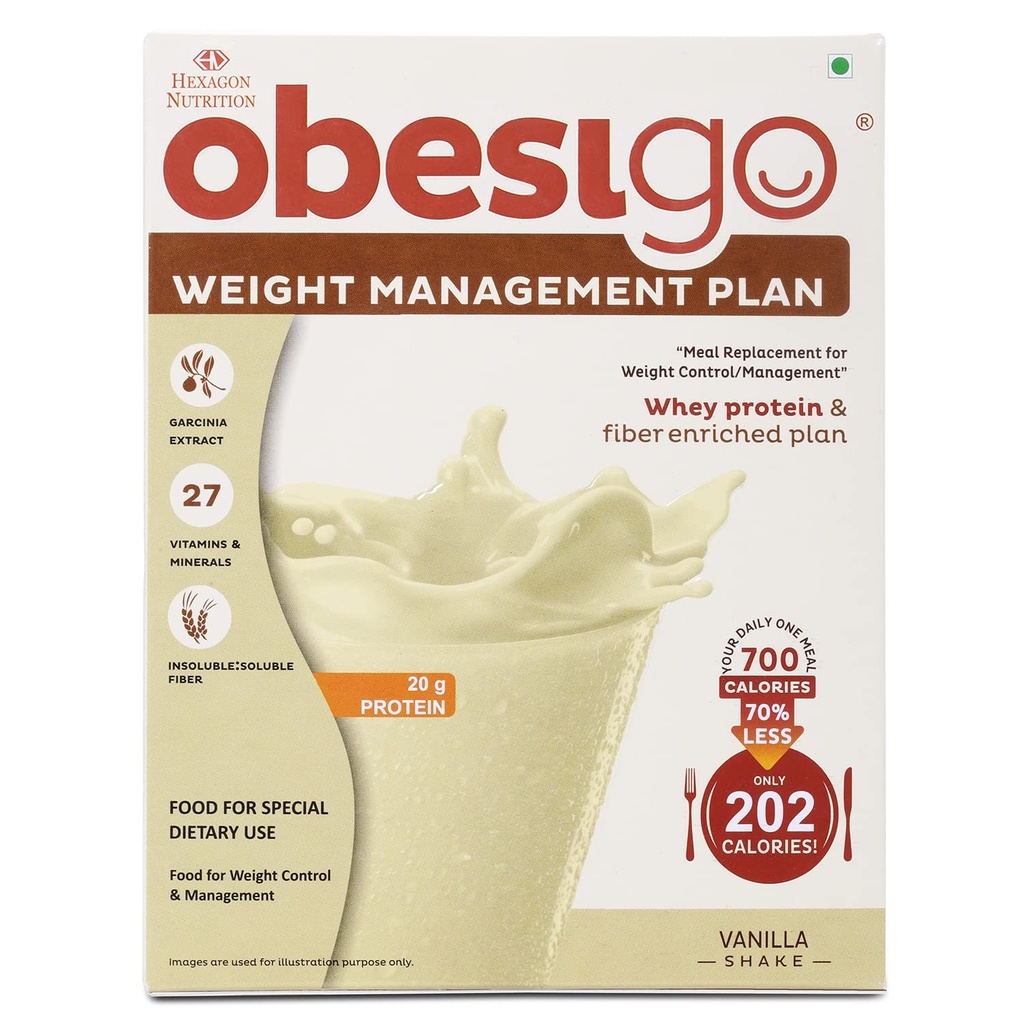 Obesigo BLCD - Meal Replacement Weight Loss & Weight Management Plan | Vanilla - 350Gm (7 Sachets*50g) | Whey Protein & Fiber Enriched | 40.8g Protein/100g, Garcenia Extract, 27 Vitamin & Mineral
