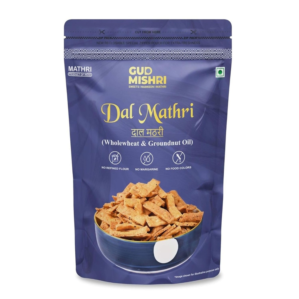 Gud Mishri Dal Aata Mathri 380 Gm | Whole Wheat Crispy Mathri Snack | Made in Groundnut Oil | No Refined Flour, No Margarine & No Food Colors | Traditional Indian Tea-Time Namkeen | Crunchy Festive Snack