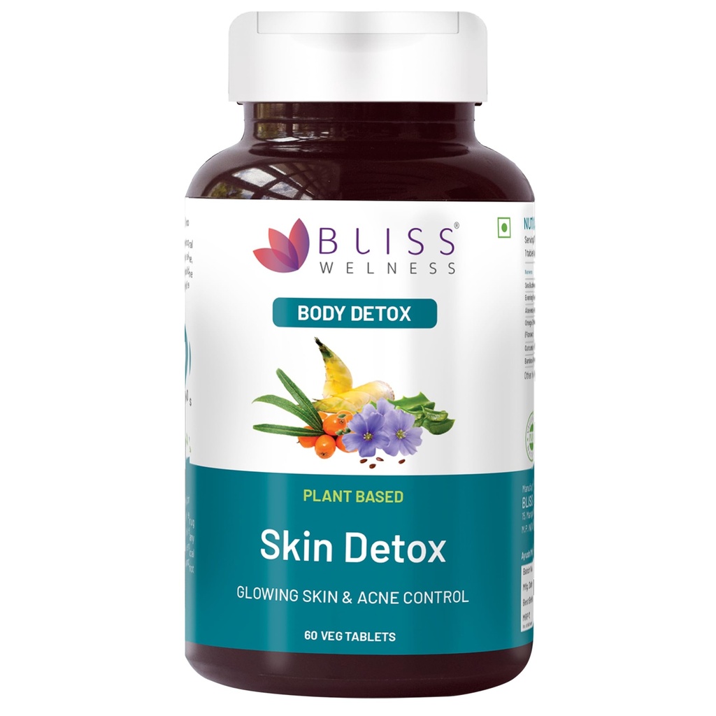 Bliss Welness Skin Detox | Blood Purification & Radiant Glow | Enriched with Sea Buckthorn, Evening Primrose, Aloe Vera, Omega 3, Curcumin, Neem & More | Fights Acne & Removes Toxins - 60 Veg Tablets.