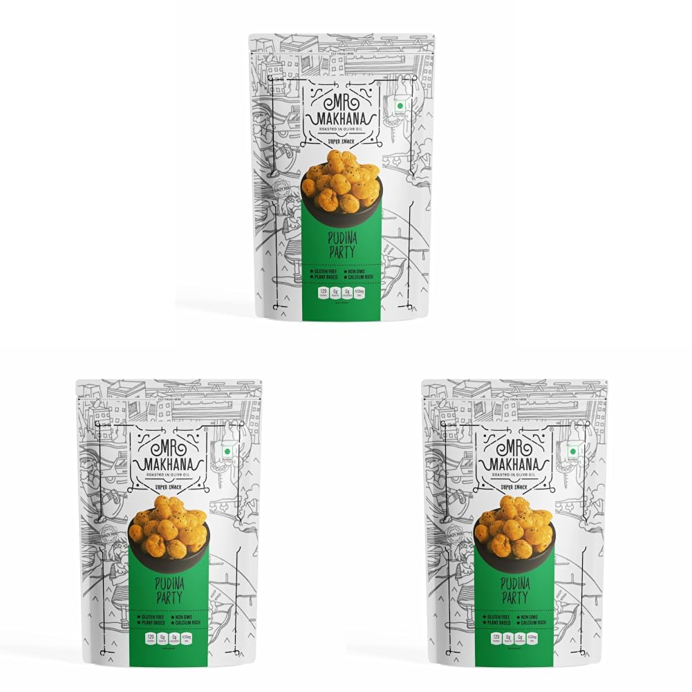Mr. Makhana Roasted Makhana and Foxnuts | Healthy Snacks | Gluten Free | MSG Free | Antioxidant | Rich Calcium | Zero Trans Fat | Zero cholesterol (Pudina Party) (Pack of 3)