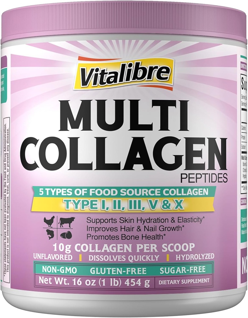 Multi Collagen Peptides Powder Type I II III V X, Hydrolyzed Collagen Protein for Women and Men, Skin, Hair, Nails, Unflavored, Non-GMO, Keto & GF, Zero Sugar, 45 Servings, 16oz