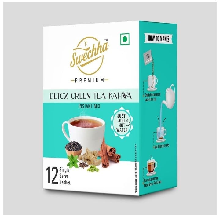 Swechha Premium Detox Green Tea Kahwa, Instant Mix with Herbs and Spices, 12 Sachets