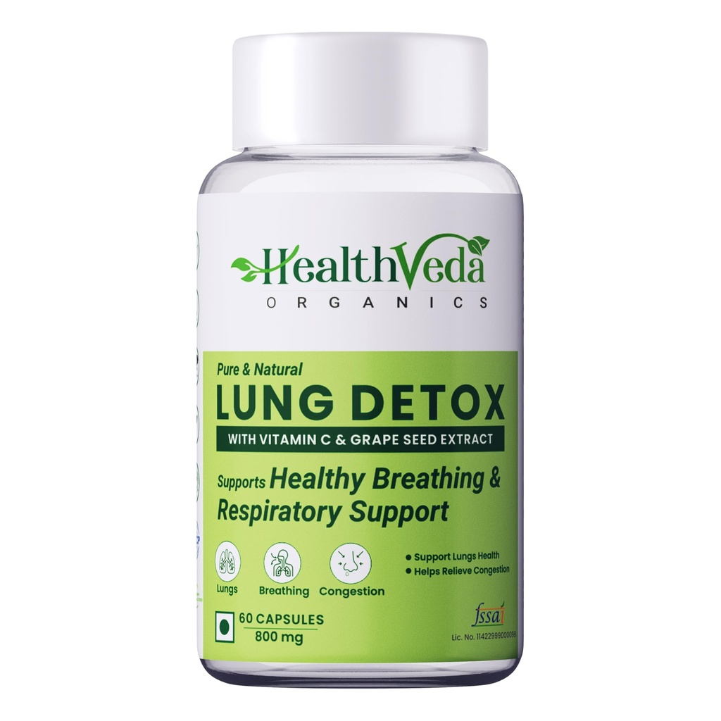 Health Veda Organics Lung Detox With Vitamin C & Grape Seed Extract | Supports Healthy Breathing, Detoxification of Lungs and Immunity (60 Veg Capsules)