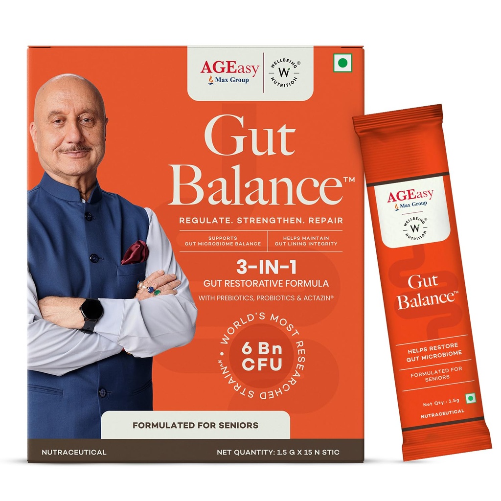 AGEasy x Wellbeing Nutrition Gut Balance for Seniors | Manages Leaky Gut & Microbial Balance | 5X More Probiotic Activity with 6 Billion CFU & Microbac | Fennel Mint Flavour, 15 Sachets (Powder Form)