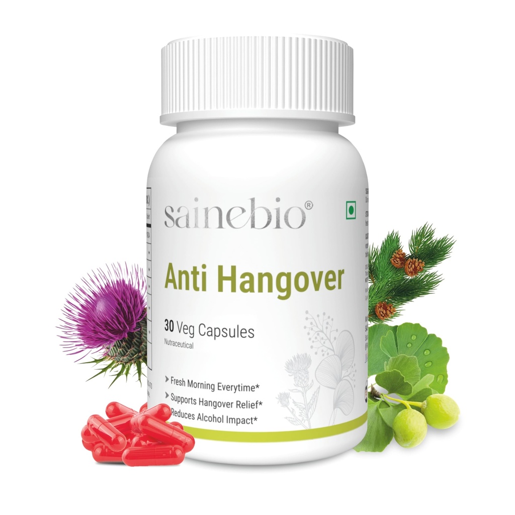 Sainebio Anti-Hangover Capsules | With Caffeine, N-Acetyl Cysteine, Milk Thistle & Herbal-Amino Blend | Natural Hangover Relief, Liver Detox, Rapid Hydration & Energy Support | Zero Sugar | 30 Capsules