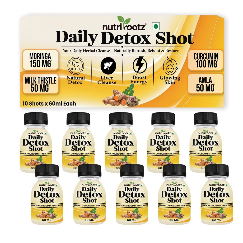 DAILY DETOX SHOT 60ML (1 Month Pack ) | Liver Detox Drink with Milk Thistle, Moringa, Curcumin & Bhui Amla | 8 Herb Ayurvedic Cleanse for Gut | Liver Care Juice | Gut Cleanse | Improves Probiotic Activity, Gut Health & Digestion | Herbal Detox Drink