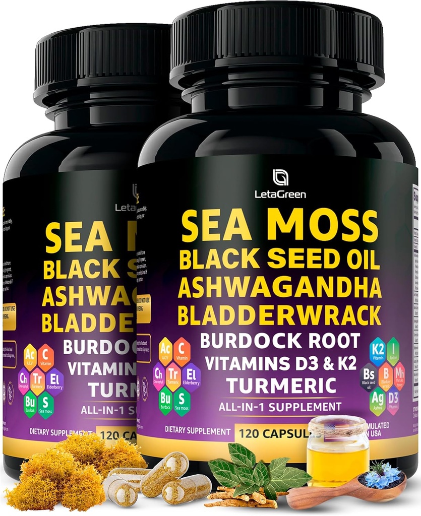 Sea Moss Capsules – 17-in-1 Blend with Black Seed Oil Ashwagandha Bladderwrack Burdock Root Turmeric Vitamin D3 K2 C for Daily Wellness – Multimineral Supplement for Men & Women – 240 Count