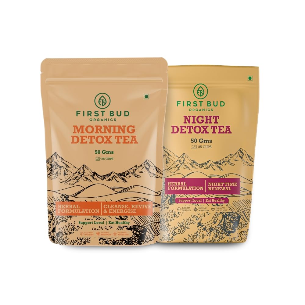 First Bud Organics Ultimate Detox Tea Combo - Morning & Night Cleansing Blend for Refreshed Days and Restful Nights (50g x 2) | Weight Loss Tea