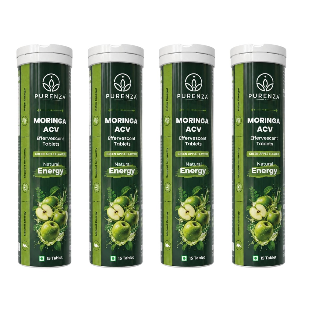 Moringa ACV Effervescent Tablets | Green Apple Flavour Drink Mix with Moringa, Apple Vinegar & Plant-Based Ingredients | Fizzy Daily Beverage for Refreshing & Wellness Routine Pack of-4