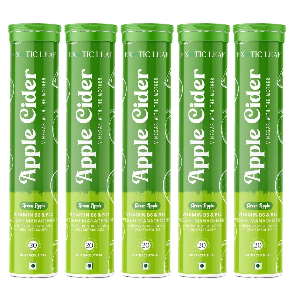 Apple Cider Vinegar Effervescent Tablets with Green Apple Flavour | With the Mother | Supports Weight Management, Digestion & Detox – 20 Tablets Pack of 5