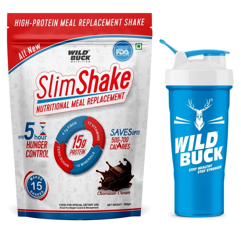 WILD BUCK SlimShake Meal Replacement Shake, High Protein Weight Loss & Lean Meal Shake, Low Carb Protein Blend, Rich in 12 Vitamins & 10 Minerals, Weight Control & Management Protein Shake 15g Protein, 4.1g Dietary Fiber & Digestive Enzymes | Fat Burning Meal Replacement Shake for Men and Women [Chocolate Cream, 500g] Free Shaker