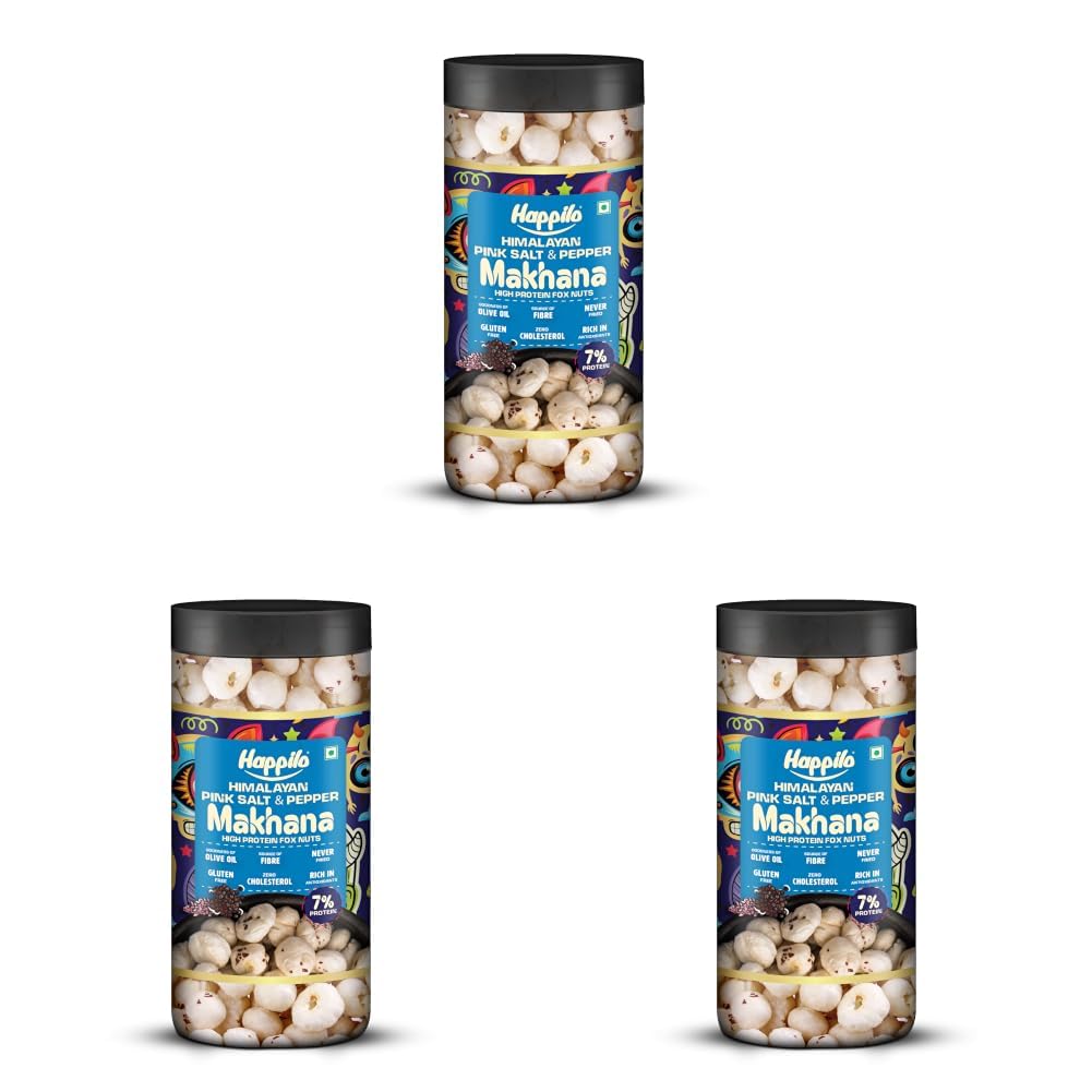 Happilo Premium Makhana Himalayan Pink Salt & Pepper Jar 80g | Roasted Foxnuts, Phool Makhana | Healthy Snacks | Low Calorie & Vegan (Pack of 3)