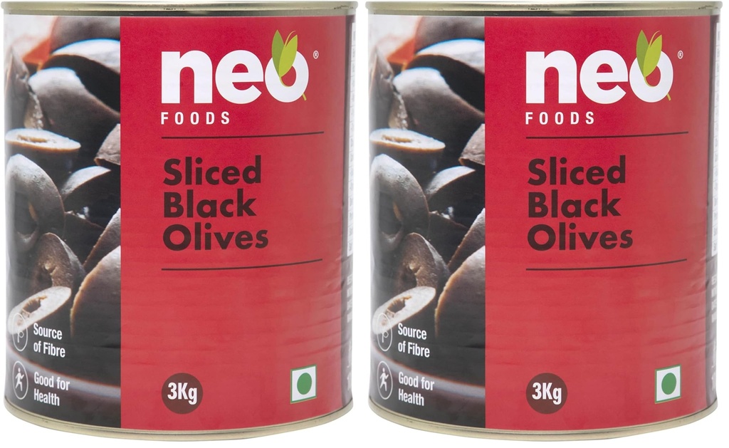 Neo Sliced Black Olive 3kg Tin I Black Olive for Pizza Topping, Pasta, Salads, Nachos, Whole Wheat Sandwich, Burger I Low Fat Ready-To-Eat Healthy Snack, Source of Fibre Nt. Wt. 3 Kg/ Net Dr. Wt. 1.56kg