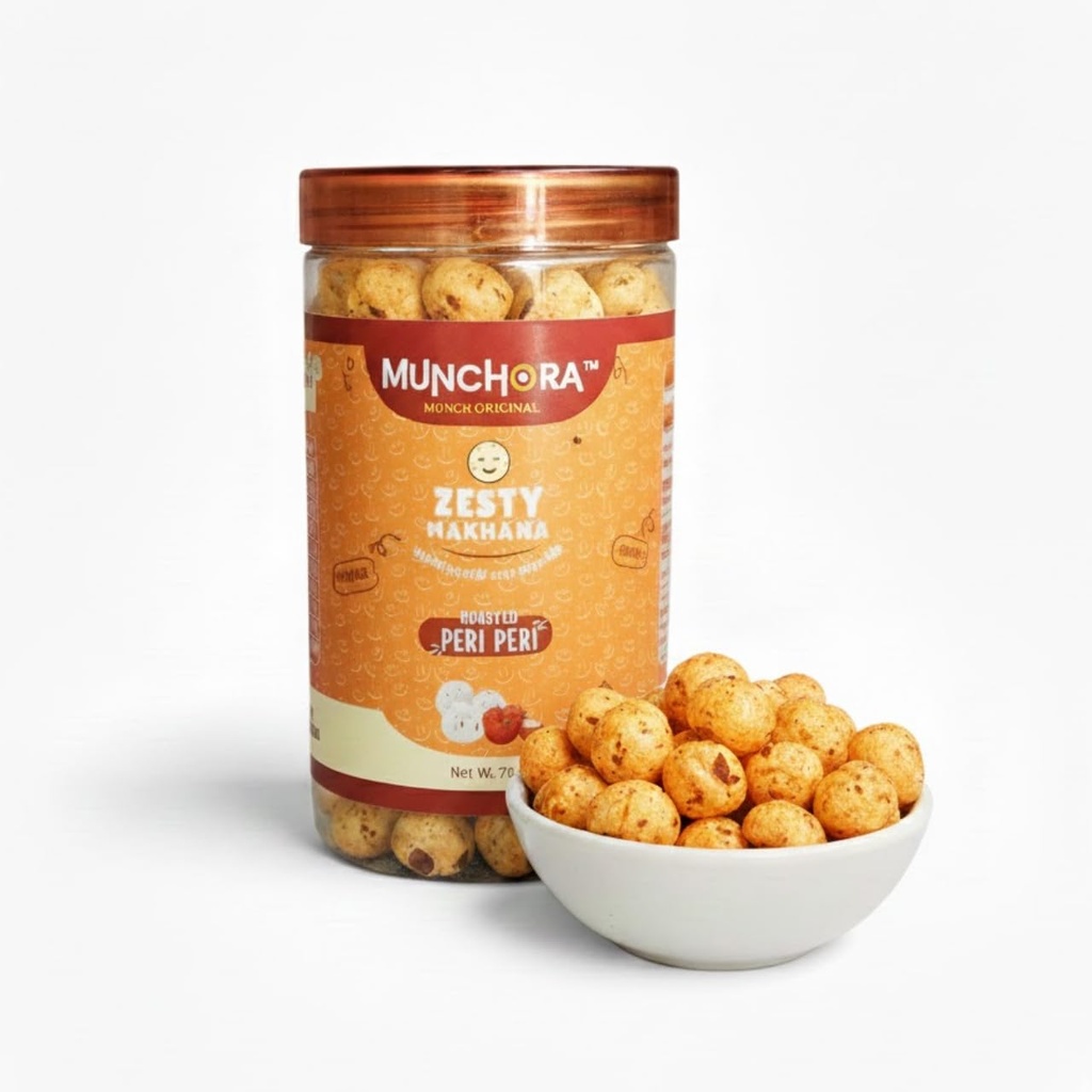 Munchora Premium Zesty Peri Peri Makhana - 70g | | Roasted, Not Fried | Healthy Snack | No Preservatives | Ready-to-Eat Snack | Rich In Protein & Fiber | Roasted in Olive Oil - (70g x 1 Packs)