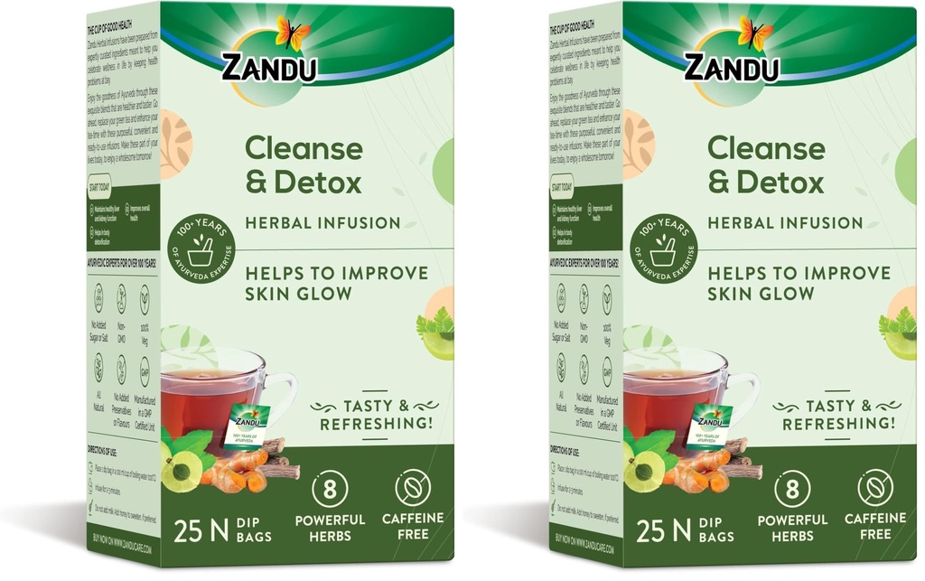Zandu Cleanse & Detox Herbal Infusion: Use This Tea Bag To Give Your Body The Gift Of Good Health |Helps Improve Skin Glow & Detoxifies The Body (25 Tea Bags), Green Tea, 90 Gram (Pack of 2)