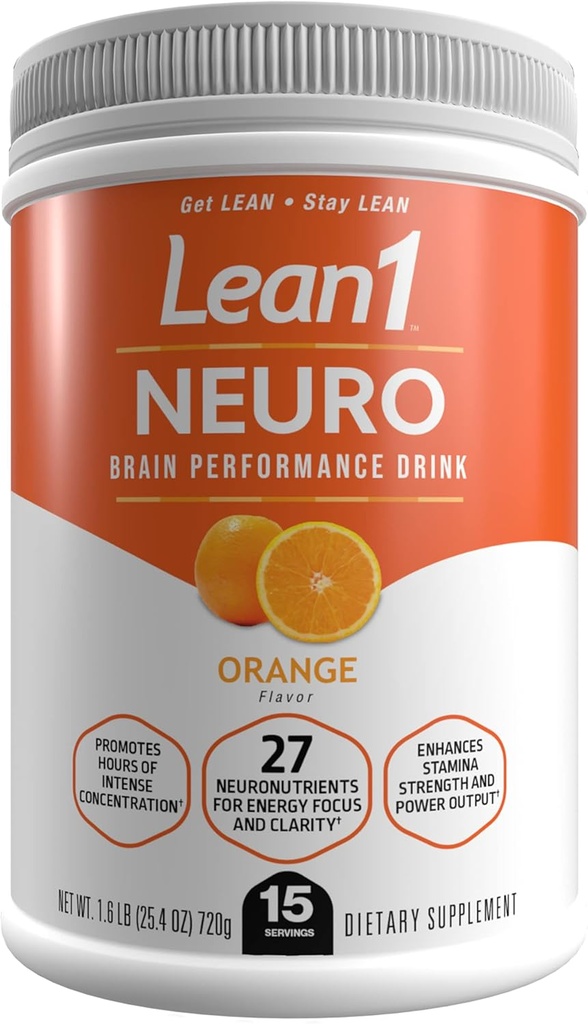 Lean1 Neuro, Mental Energy Powder Drink, orange flavor, 15 serving tub by Nutrition53
