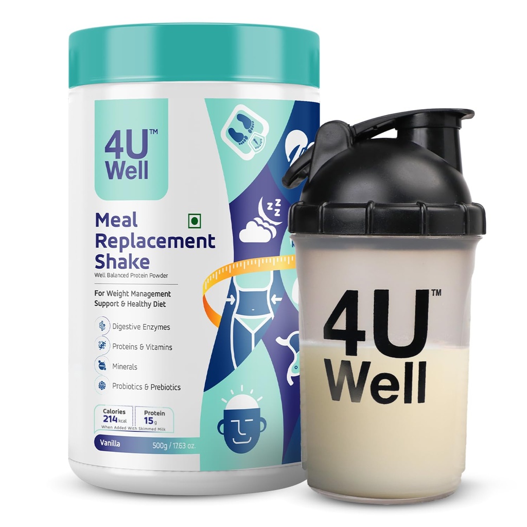 4UWell Meal Replacement Shake for Weight Management & Control | Vanilla Flavour with Free Shaker | 18 Vitamins & Minerals | Boosts Energy & Metabolism - 500g