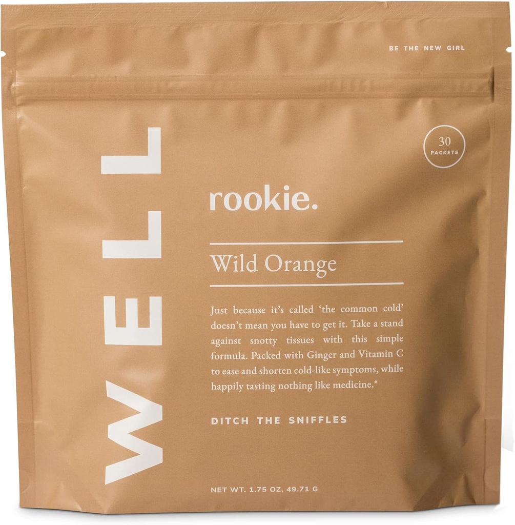Rookie Wellness Well – Vegan Immune Support Packets with 1000 mg of Vitamin C, 14 mg of Vitamin E, and Ginger in a Natural Citrus Flavor - Sugar and Filler Free (30 Servings, Wild Orange)