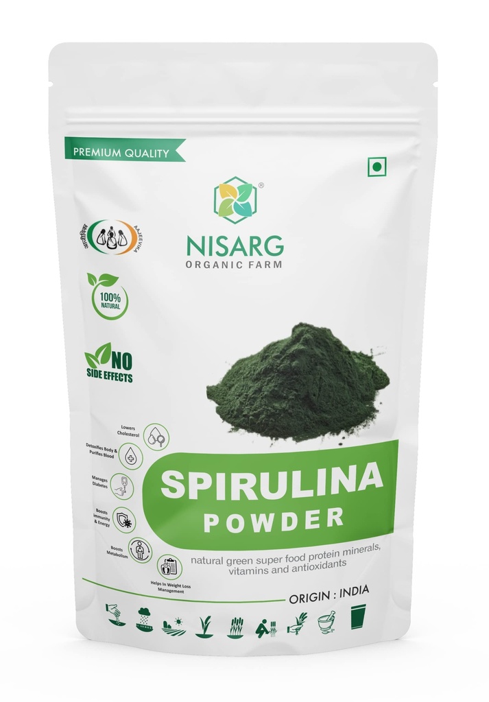 NISARG ORGANIC FARM Pure Spirulina Powder Protein Algae Superfood Supplement Organically Grown Detoxifying Supplement Supports Weight Management Boosts Immunity Men & Women Vitamins Minerals