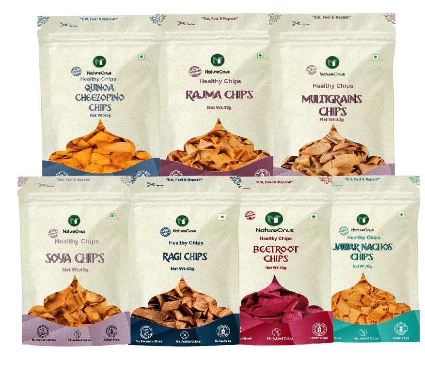 NatureOnus High Protein Chips Combo Pack of 7 (301g) | 7 Snacks Pack x 43g | Ragi, Beetroot, Multigrain, Jowar, Quinoa, Soya & Rajma Chips | Gluten-Free, No Maida, No Preservatives, No Palm Oil, High Protein Chips (43g x 7 Packs)