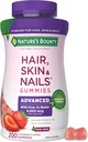 Nature’s Bounty Optimal Solutions Advanced Hair, Skin and Nails Pectin Gummies, 2x Biotin Per Serving, No Stick Gummy, Vegetarian Formula, Strawberry Flavor, 200 ct, 100 Total Servings
