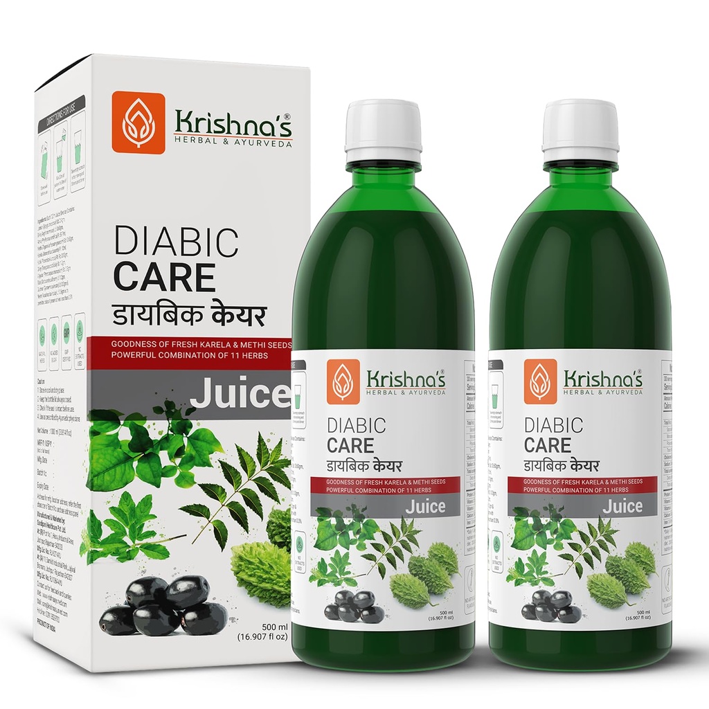 Krishna's Diabic Care Juice - 500 ml (Pack Of 2) | Blend Of 11 Herbs Methi, Amla, Karela, Jamun, Kutki, Guduchi & 5 Other Herbs To Manage Sugar Levels, Clinically Proven