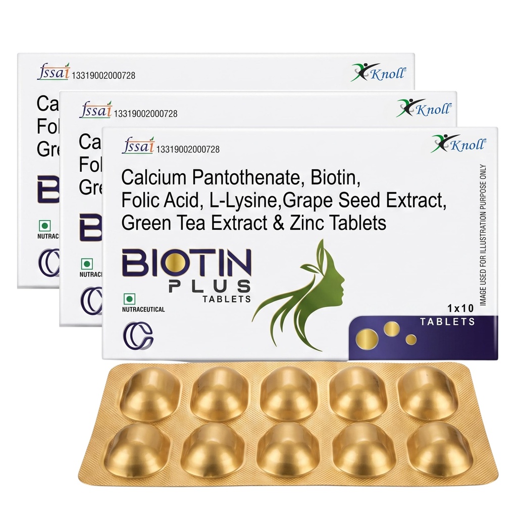 Knoll Healthcare Biotin Plus Tablets with Grape Seed Extract, Green Tea Extract, Zinc & L-Lysine | Supports Hair, Skin & Nail Health | Antioxidant & Nutritional Supplement (3x10 Capsules)