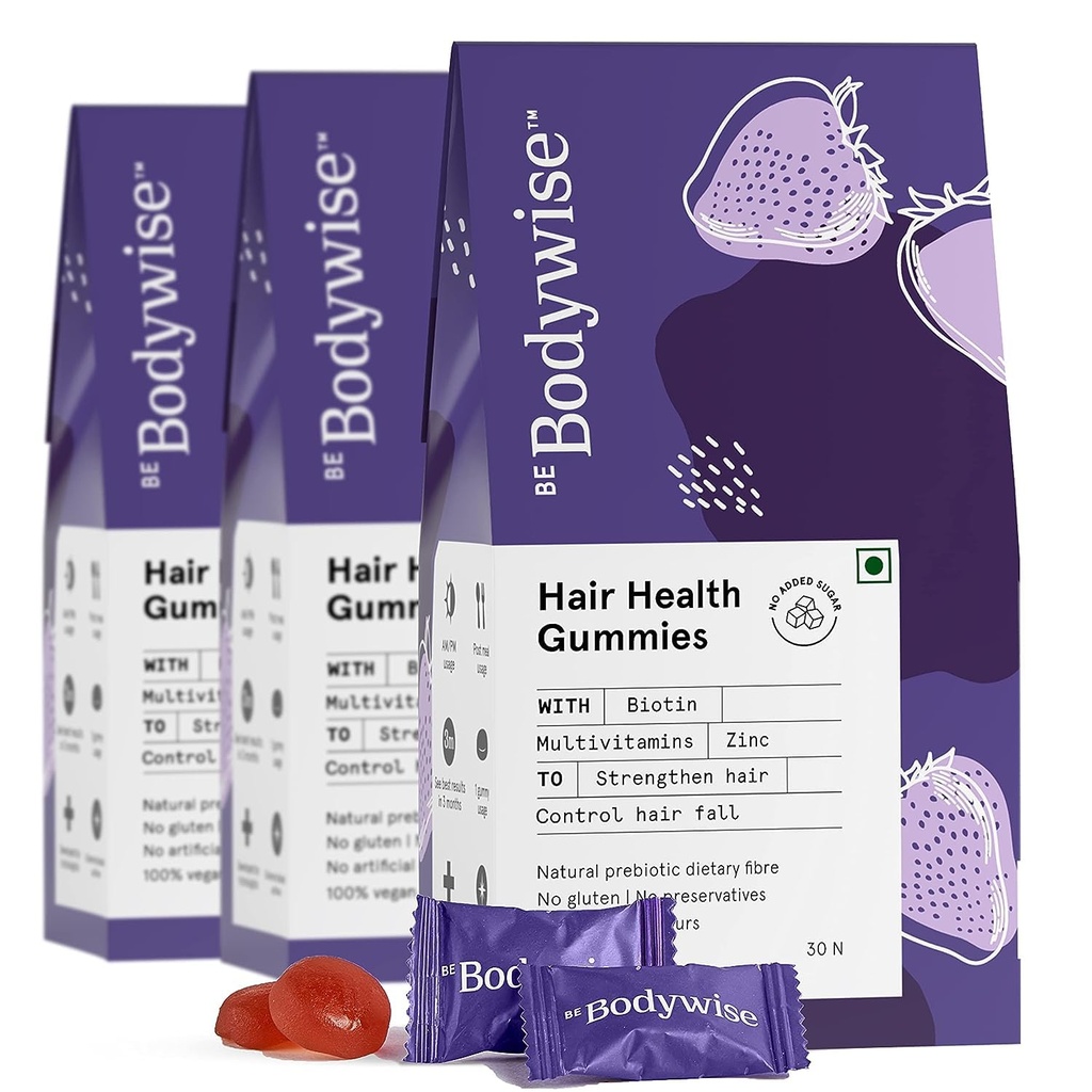 Be Bodywise Biotin Hair Gummies For Stronger, Shinier Hair & Nails | 90 Day Pack | High Potency Biotin, Zinc, Folic Acid, Fibre & Multivitamin | Strawberry Flavour | No Added Sugar, Gut Friendly