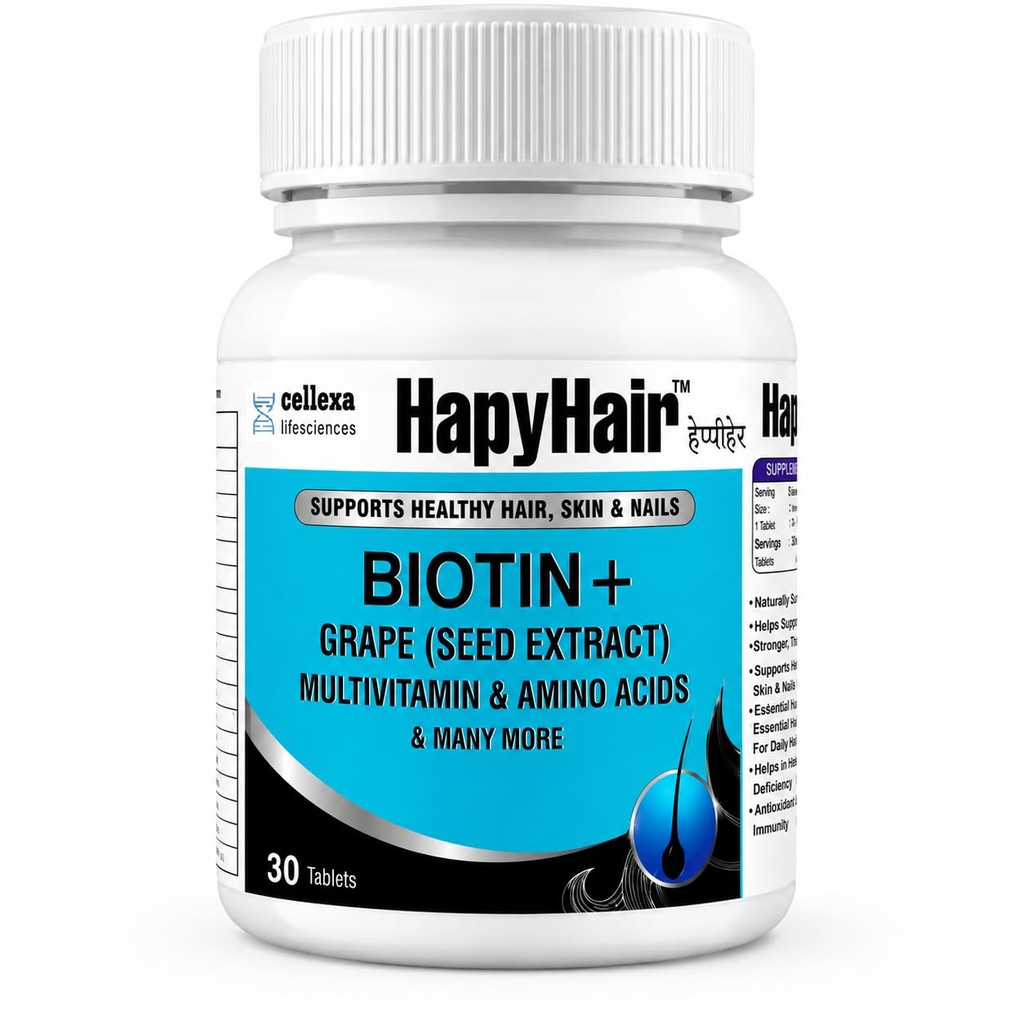 HappyHair Biotin Tablets for Hair Growth, Skin & Nails | 30 Tablets for Men & Women | 100% RDA Biotin, Multivitamins, Amino Acids & Grape Seed Extract | Daily Hair Nutrition & DHT-Related Hair Wellness Support