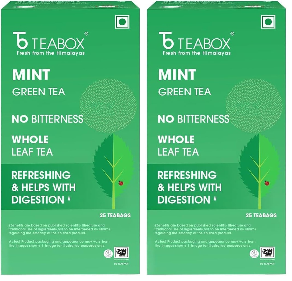 Teabox Mint Green Tea | 25 Tea Bags with Premium Green Tea & Real Peppermint Leaves | Refreshing, Cooling & Smooth | Low Caffeine | Clean Ingredient Blend (Pack of 2)