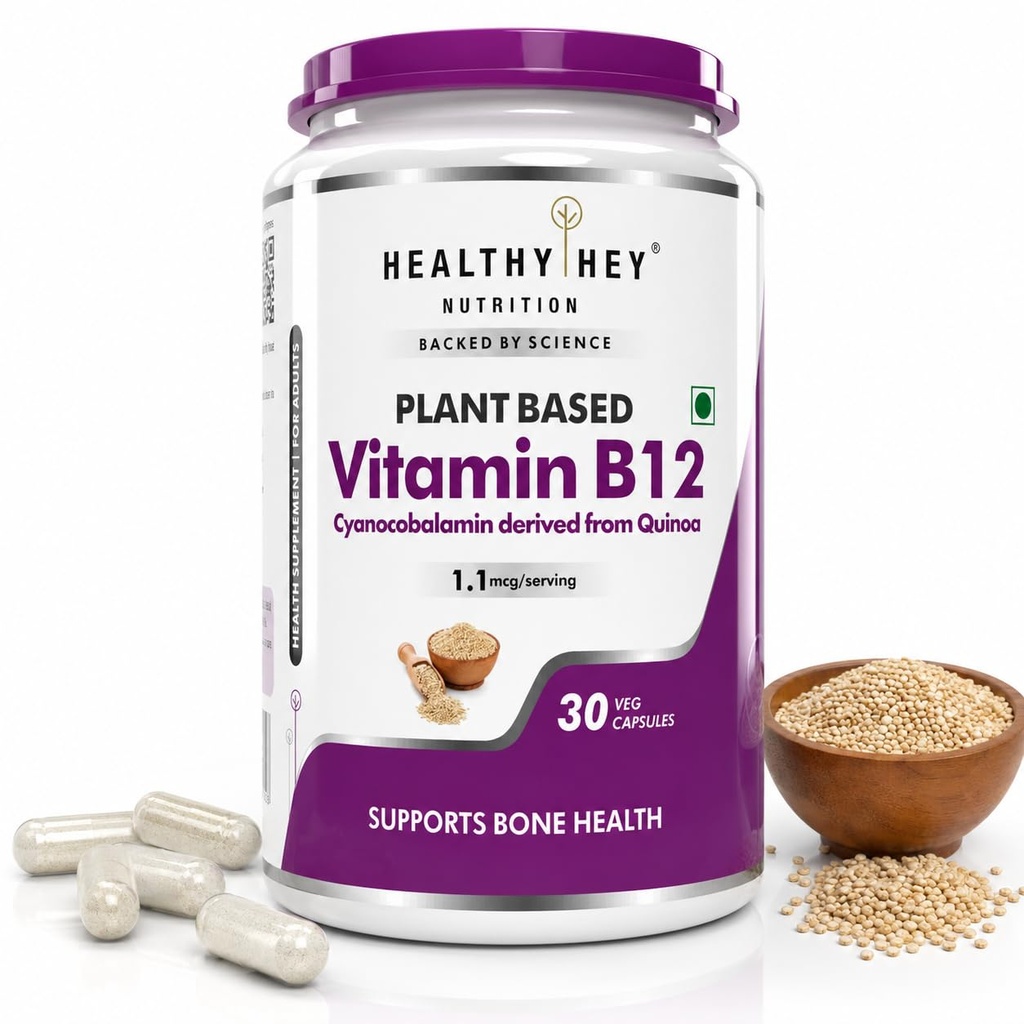 HealthyHey Nutrition 100% Natural Vitamin B12 - Support Immune Health | Non-Synthetic, No-Chemical | 30 Veg. Capsules