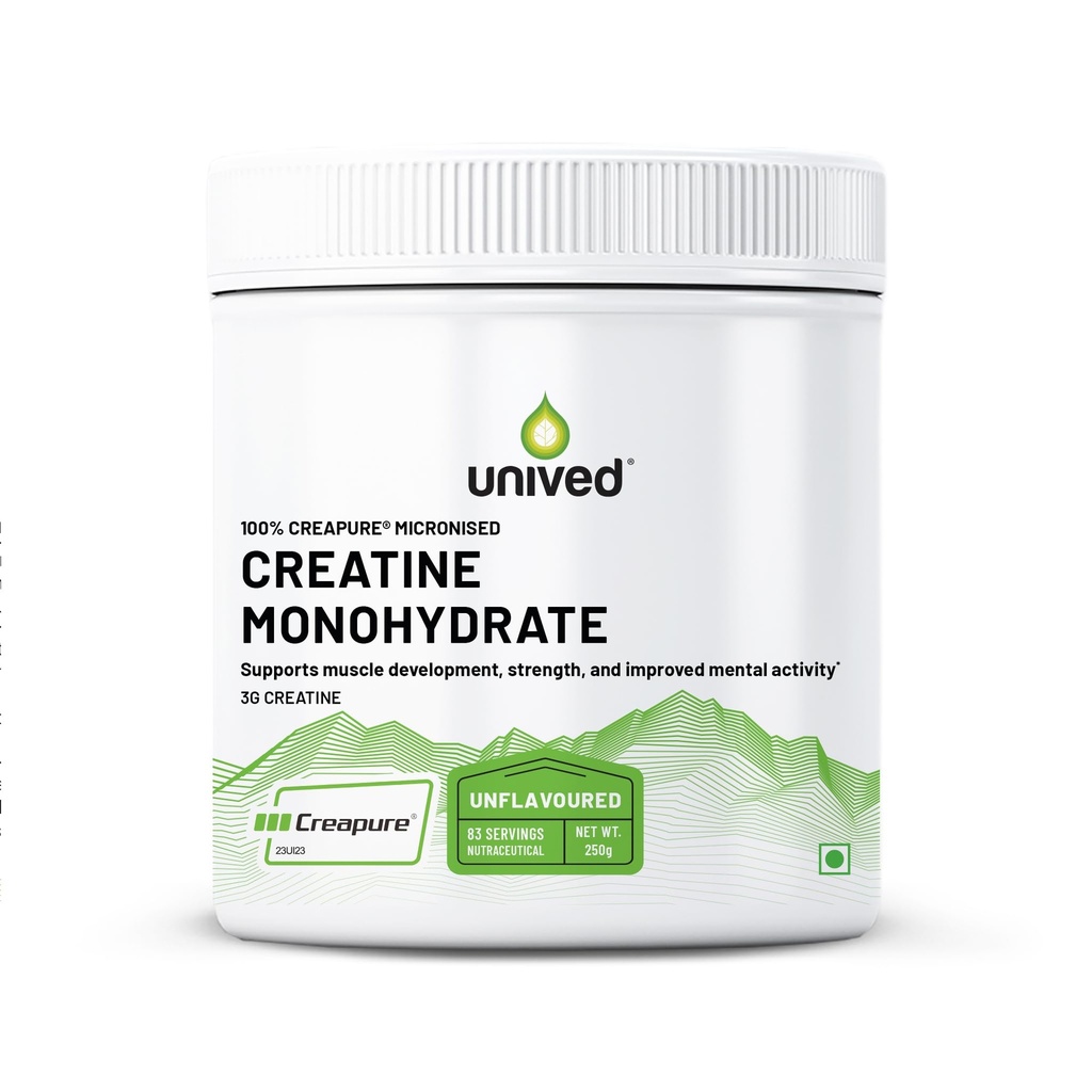 Unived Creatine Monohydrate 250g – 100% Creapure® | World's Purest & Most-Researched Creatine (>99.9%, Made in Germany) | 3g Per Scoop, Unflavoured, 83 Servings | Strength, Power & Lean Muscle | Vegan, No Fillers – Men & Women