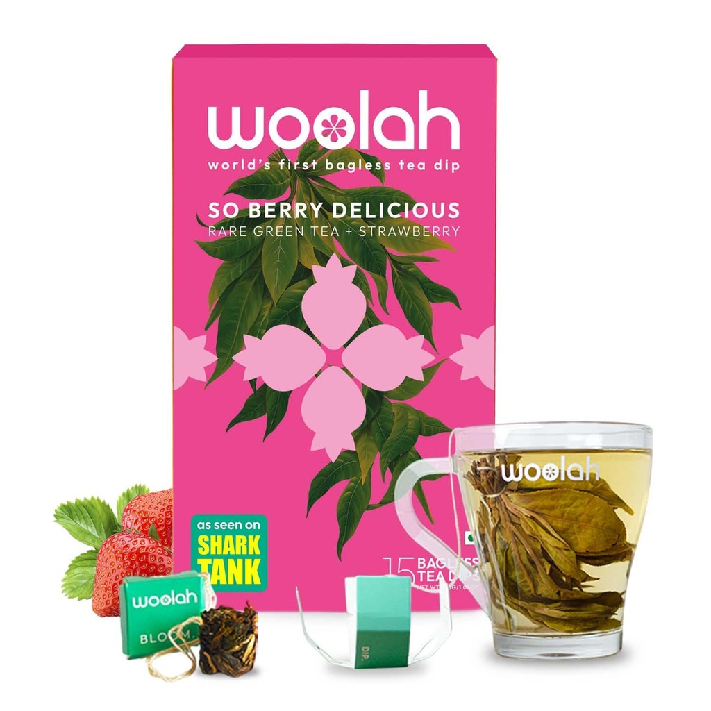 Woolah Rare Assam Strawberry Green Tea | Bagless Whole Leaf Green Tea Dips | Naturally Grown | Rich in Antioxidants | Refreshing Wellness Leaf | Plastic-Free Brewing (15 Dips / 30 Cups)
