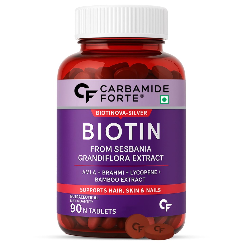Carbamide Forte Biotin Tablets for Hair Growth | Biotin Supplement with Amla, Brahmi & Bamboo Extract | Hair Vitamins | Biotin Multivitamin for Hair & Skin | Hair Supplements for Women & Men | 90 Veg Tablets
