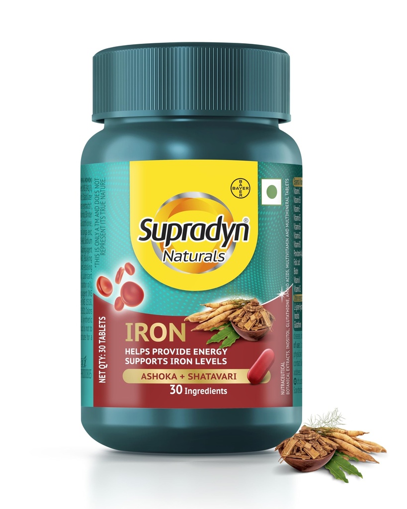 Supradyn Naturals Iron (30 tablets) with 3X Iron, Ashoka, Shatavari, Zinc, Vitamin C, Folic Acid, 30 vital nutrients, Supports Blood Health & Provides Energy, Veg