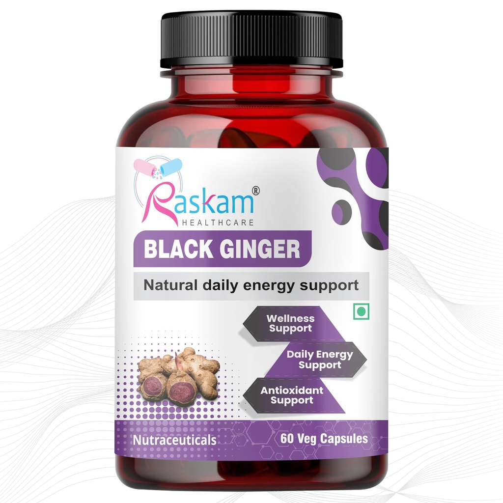 Black Ginger Capsules, 60 Veg Capsules Each, Improves Circulation, Boosts Energy with Powerful Antioxidants (Pack of 1)