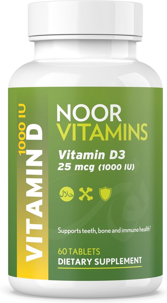 Noor Vitamins Halal Vitamin D, Halal Vitamin D3, 1000 IU Tablets, Supports Bone, Immune & Heart Health, Non-GMO, Gluten Free & Halal (60 Count)