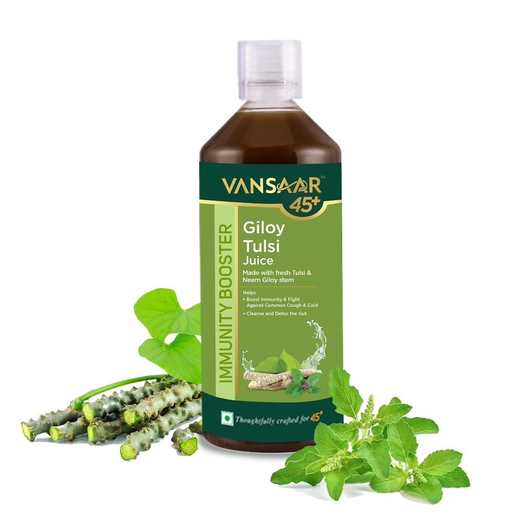 Vansaar 45+ Neem Grown Giloy Tulsi Juice with 4-in-1 Immuno- Enhancing benefits| Handpicked Fresh Tulsi and Neem grown Giloy| NIB rich for all-round Immunity| 100% Pure, Natural Juice - 1L