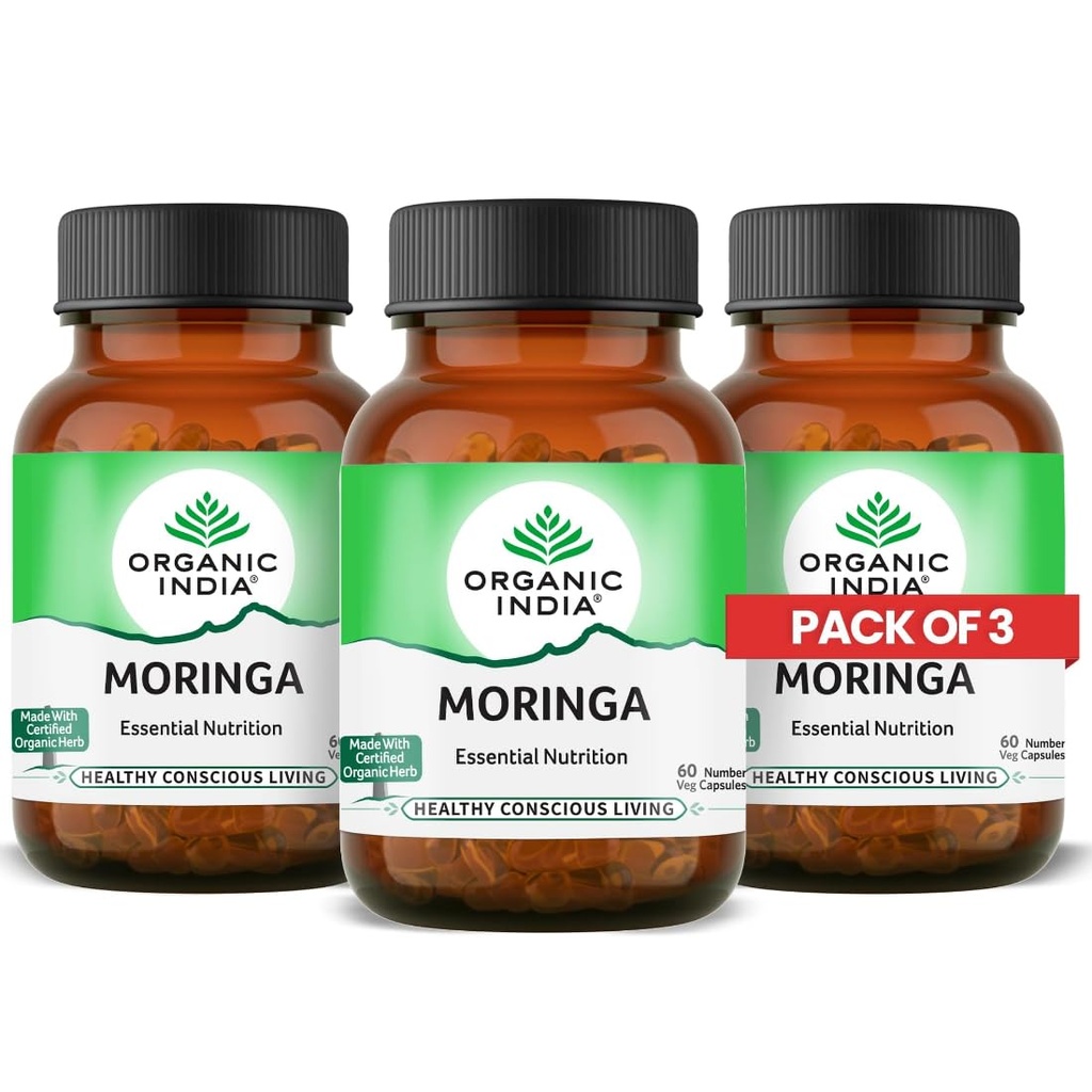 A TATA Product - Organic India Moringa Capsules - 60 Veg Caps (Pack of 3), Essential Nutrition Superfood, Helps Naturally Boost Energy Level, Improves Stamina, Rich In Vitamins & Minerals