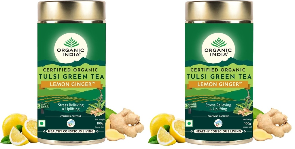ORGANIC INDIA Tulsi Green Tea Lemon Ginger 100 gm tin (Pack of 2)