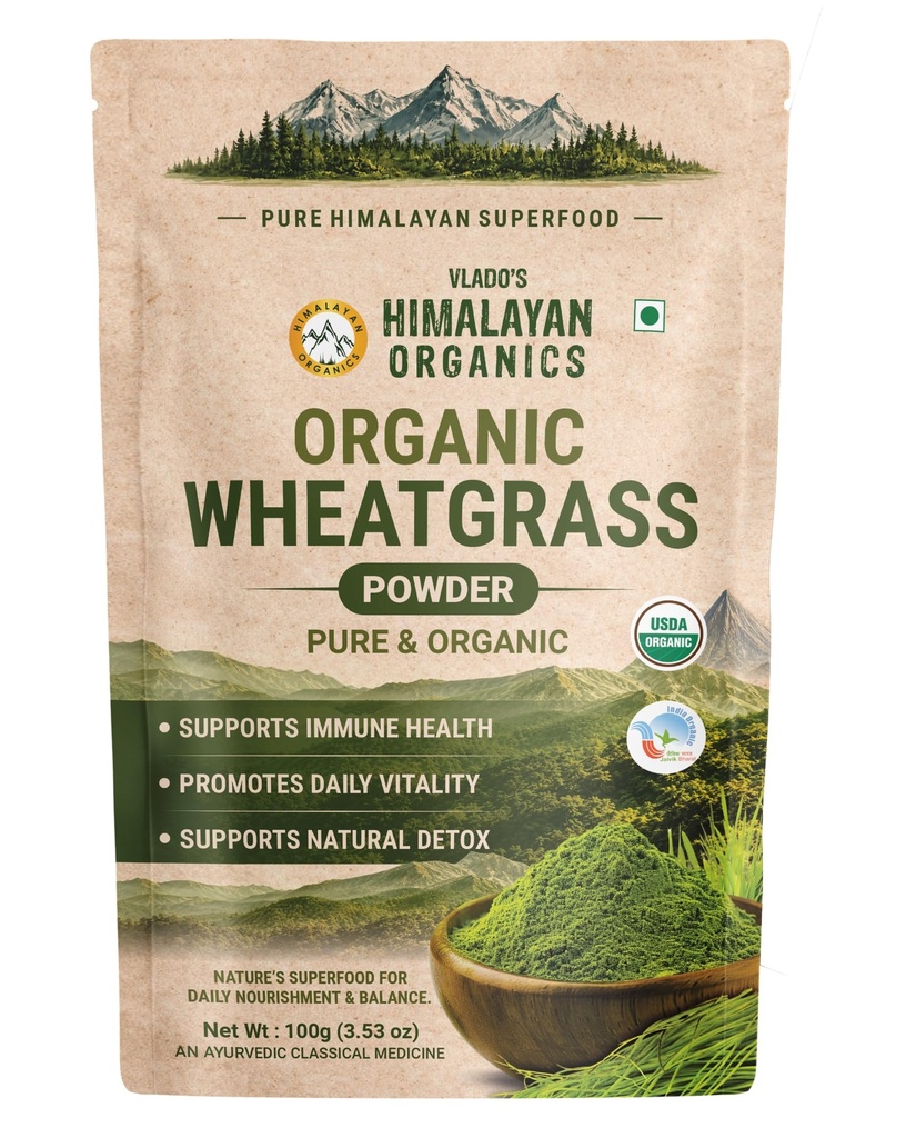 Vlado's Himalayan Organics Natural Organic Wheatgrass Powder | USDA Certified I Wheat Grass Powder | Organic Wheatgrass Juice | Ayurvedic Support For Natural Detox | Immunity Booster | Herbal Supplement - 100g